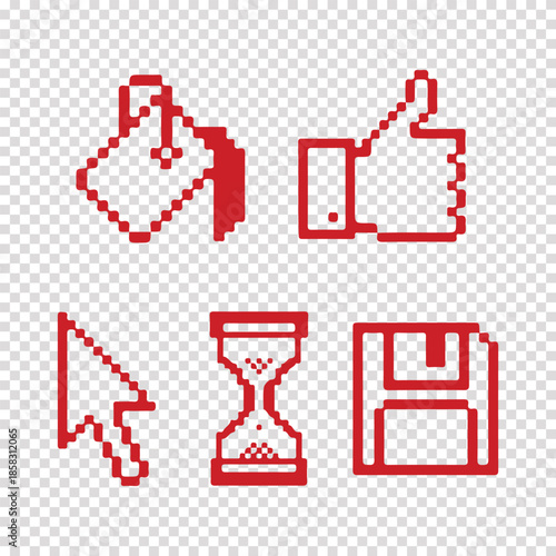 Red pixel art icons including thumbs up, cursor, hourglass, and floppy disk on transparent background