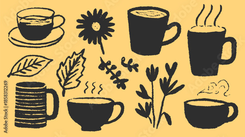 Set of coffee and tea mugs with leaves and a daisy. Simple black and white vector illustration featuring rustic designs.