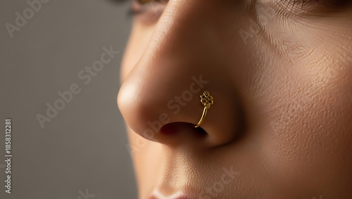 Gold and diamond nose piercing design displayed in a modern jewelry advertising style. Elegant detailing and luxury finish make it ideal for gold market promotions, fashion branding, and jewelry marke