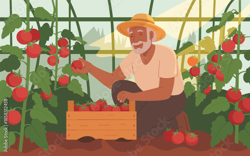 Mature man harvesting ripe tomatoes in a greenhouse surrounded by lush plants and vibrant red fruits
