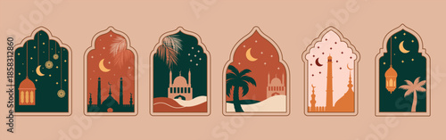 Ramadan Kareem window and lantern backgrounds. Modern Islamic greeting card template and wallpaper design