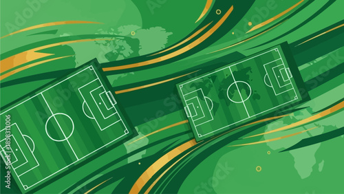 Flat vector background for world cup football poster, abstract football field shapes, dynamic lines, global sports theme, green and gold color palette, minimal modern style, no text, high-quality vect