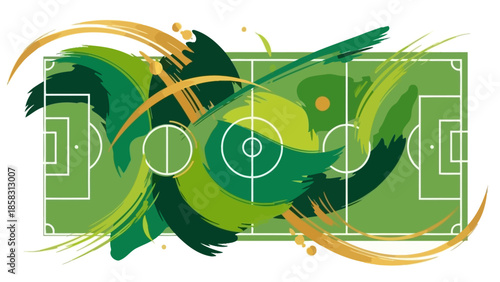Flat vector background for world cup football poster, abstract football field shapes, dynamic lines, global sports theme, green and gold color palette, minimal modern style, no text, high-quality vect