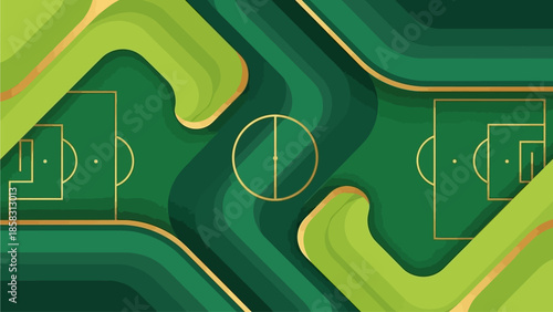 Flat vector background for world cup football poster, abstract football field shapes, dynamic lines, global sports theme, green and gold color palette, minimal modern style, no text, high-quality vect