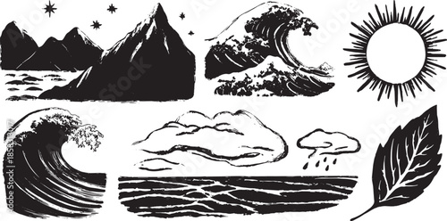 Nature symbols set featuring mountains, waves, sun, clouds, and a leaf in black and white vector illustration. This minimalist design captures scenic elements.