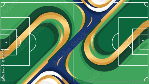 Flat vector background for world cup football poster, abstract football field shapes, dynamic lines, global sports theme, green and gold color palette, minimal modern style, no text, high-quality vect
