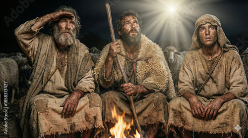 Quadro em tela Three shepherds watching the star, nativity inspired cinematic scene