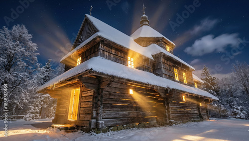 Wallpaper Mural Cozy wooden cabin in snowy forest with warm light at winter night Torontodigital.ca