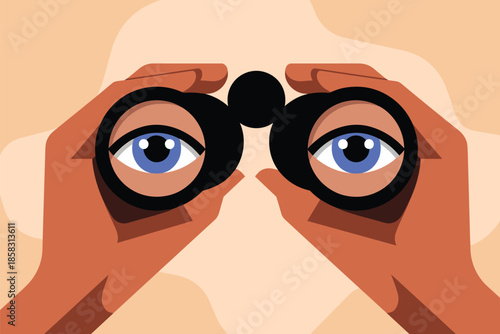 Hands holding binoculars with blue eyes visible through the lenses against a beige background