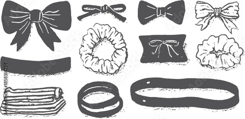 Bow and hair accessories vector illustration set. Includes various shapes and styles: scrunchies, bands, and ribbons in a simple design.