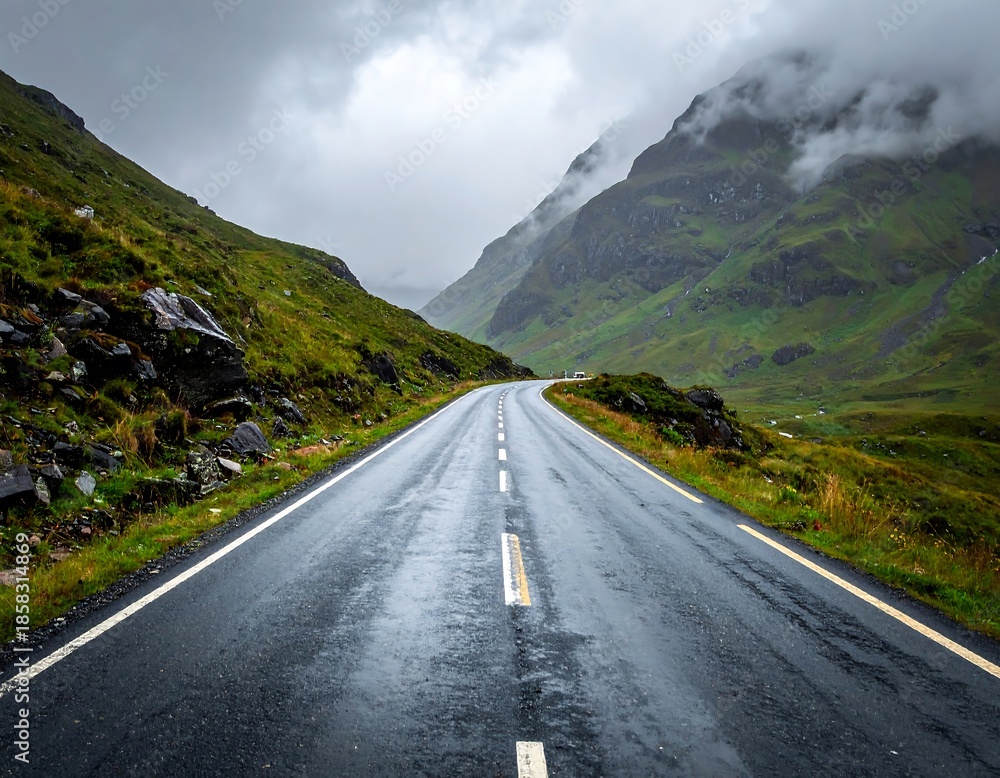 Naklejka premium Wet asphalt road winding between lush, cloud-kissed mountains