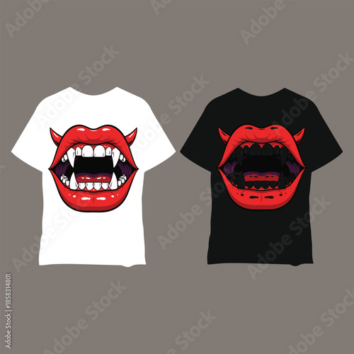 White and black t shirts with devil mouth red lips white t shirt