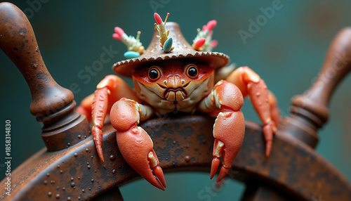 Colorful hermit crab wearing a hat and posing on a ship's wheel  
