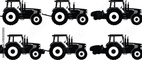 Agricultural tractor silhouettes, farm machinery vehicles, rural transport, heavy equipment, farming technology, countryside agriculture, industrial tractor icons, black vector set