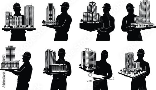 Architect and engineer silhouettes holding building models, urban construction planning concept, real estate development, modern city architecture, black white vector set