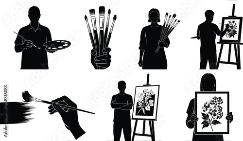 Artist silhouette illustration set, painter holding brushes palette, creative art process, easel painting concept, black isolated icons