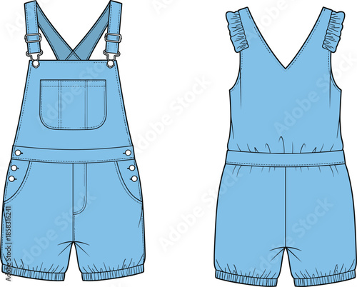 Baby romper overall technical fashion illustration, front and back view, kids summer clothing design, blue infant outfit vector