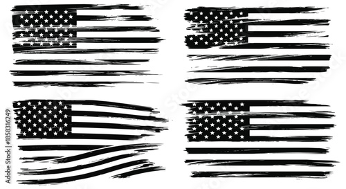 Four black and white american flags with a distressed, torn, and scratched texture design