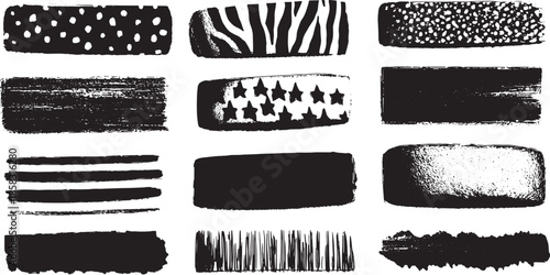 Various brush strokes in black with different patterns and textures. Artistic vector illustration set for graphic design.