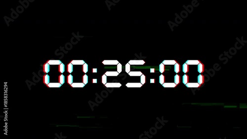Digital glitch countdown timer 30 seconds on black background, perfect for sci-fi intros, gaming streams, and futuristic video projects. 4K video