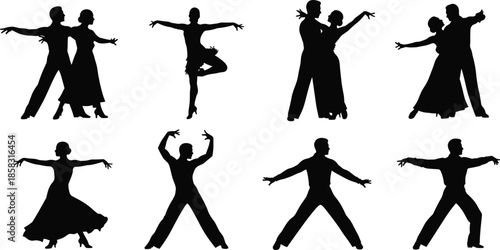 Ballroom and contemporary dance silhouettes performing elegant choreography, male female dancers in expressive poses, artistic movement, black white vector set