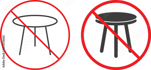 no stool icon. Hand tool prohibition symbols. No equipment graphic design. Maintenance restriction and safety signs. Rental property and office regulation sign.
