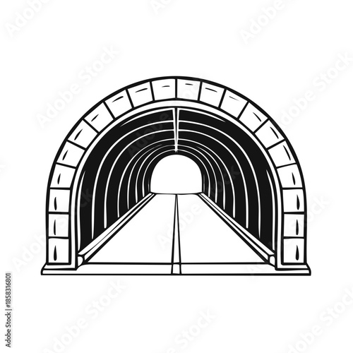 Road tunnel vector illustration. Simple road tunnel with light at the end. Underground passageway vector line art for transportation concepts.