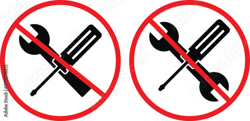 no Tools icon. Prohibited Tools Symbols. No hammer or wrench icons. Hardware restriction graphic design. Security and public safety signs