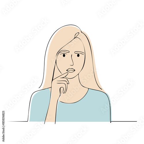 Pensive Woman Line Art Portrait Thinking with Finger on Chin in Minimalistic Illustration Style