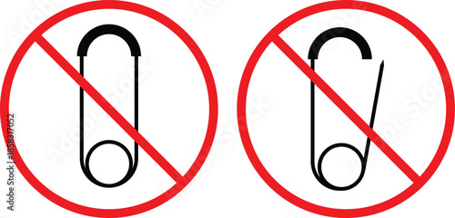 no Safety pin icon.  Sharp object prohibition symbols. No metal pin graphic design. Fastener restriction and safety signs
