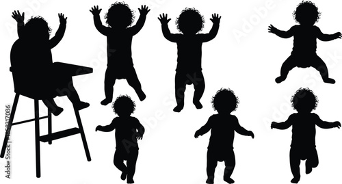 Baby silhouette collection, cute toddler poses and movements, child development stages, black vector infant icons, parenting childhood illustration set