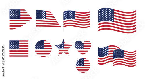 Collection of american flags in various shapes and styles, including waving, folded, and circular designs, isolated on