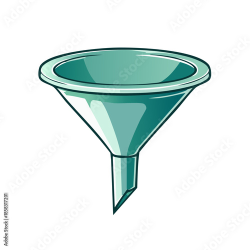 Teal colored funnel illustration for liquids or powders with a wide opening and narrow spout for efficient pouring