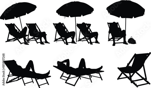 Beach chair silhouettes under umbrella, summer vacation relaxation concept, seaside lounge seating, isolated black outdoor leisure vector illustration