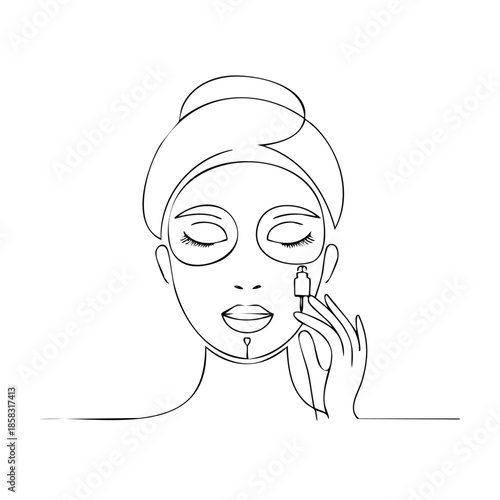 Woman Applies Face Cream with Patches Spa Treatment Self Care Continuous Line Art
