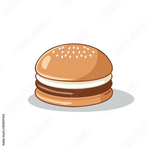 Delicious Sandwich Illustration with Sesame Seed Bun, Melted Cheese, and Meat Patty on White