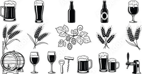 Beer brewing elements illustration set, mugs bottles glasses hops barley barrel tap, vintage alcohol drink icons, isolated white background