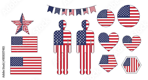 American flagthemed illustrations including stars, stripes, hearts, and people with patriotic designs on