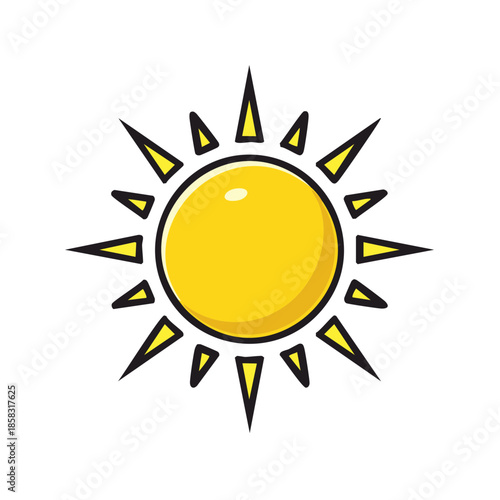 Bright yellow cartoon sun with spiky rays shines warmly in a flat design style isolated on white space, cheerful and simple