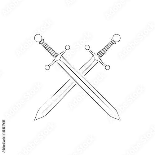Crossed medieval swords illustration drawing icon in black outline