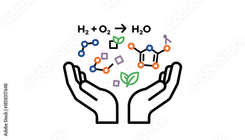 Hands holding chemical reaction formula and molecular symbols illustration,
