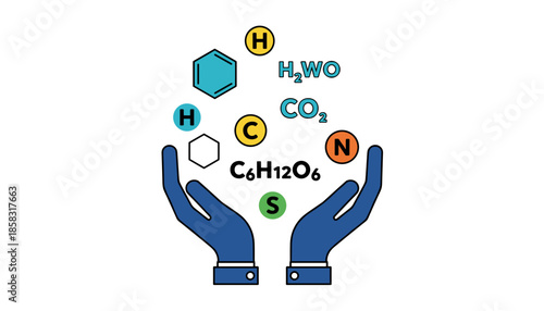 Hands presenting chemical elements and organic molecules illustration,
