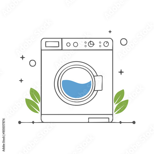 Modern Eco Friendly Washing Machine Icon with Water and Leaves for Laundry Design