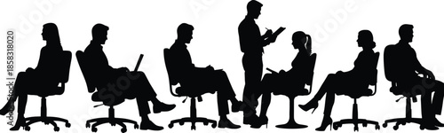 Business meeting people silhouette set, office workers sitting and standing, corporate discussion teamwork concept, professional workplace illustration