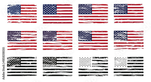 Collection of american flags with various patterns and designs, showcasing different styles and variations of the us flag
