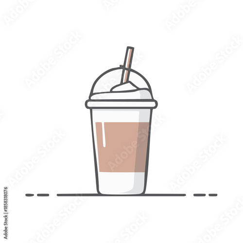 Iced Coffee Beverage in Disposable Cup with Lid and Straw Flat Vector Illustration