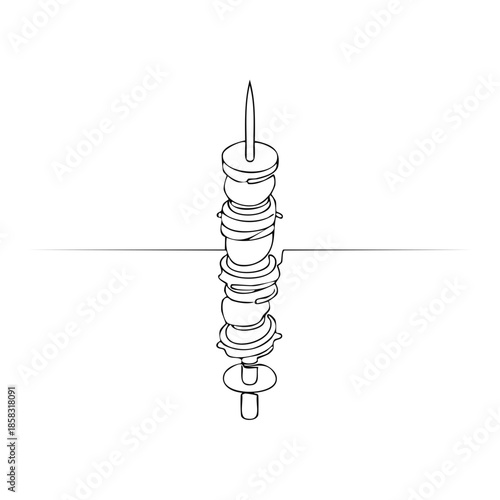 Minimalist Line Art: Skewer of vegetables and fruit with reflection, gourmet snack on white surface