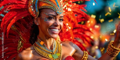 Beautiful Brazilian woman celebrating carnival in the streets of Brazil