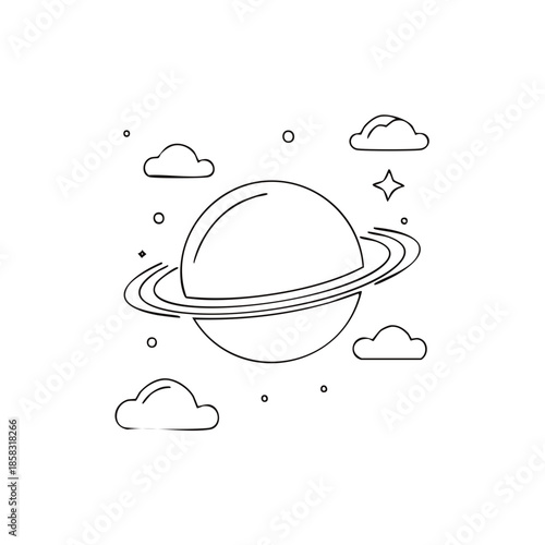 Vector outline of a planet in space with rings and clouds and stars graphic minimalist design