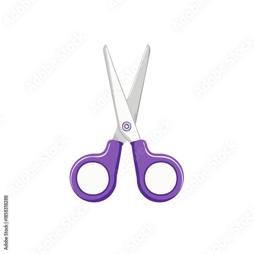 Pair of purple handled crafting scissors is open and ready for creative projects or office supply use. Clean and colorful.
